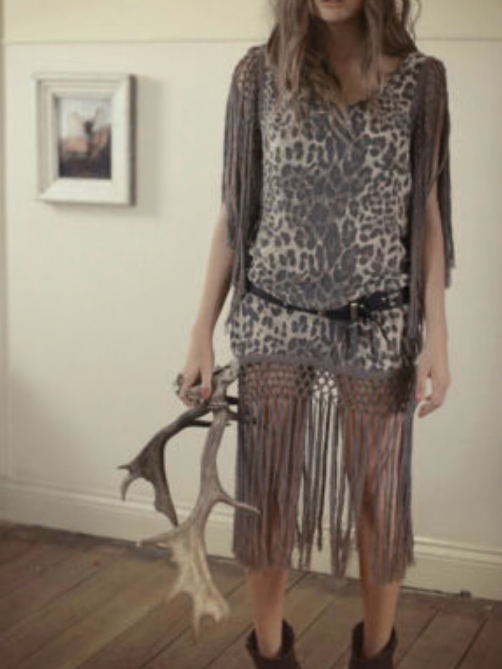 Spell Beige and Brown Leopard Fringe Mini Dress - Picture 3 of 3